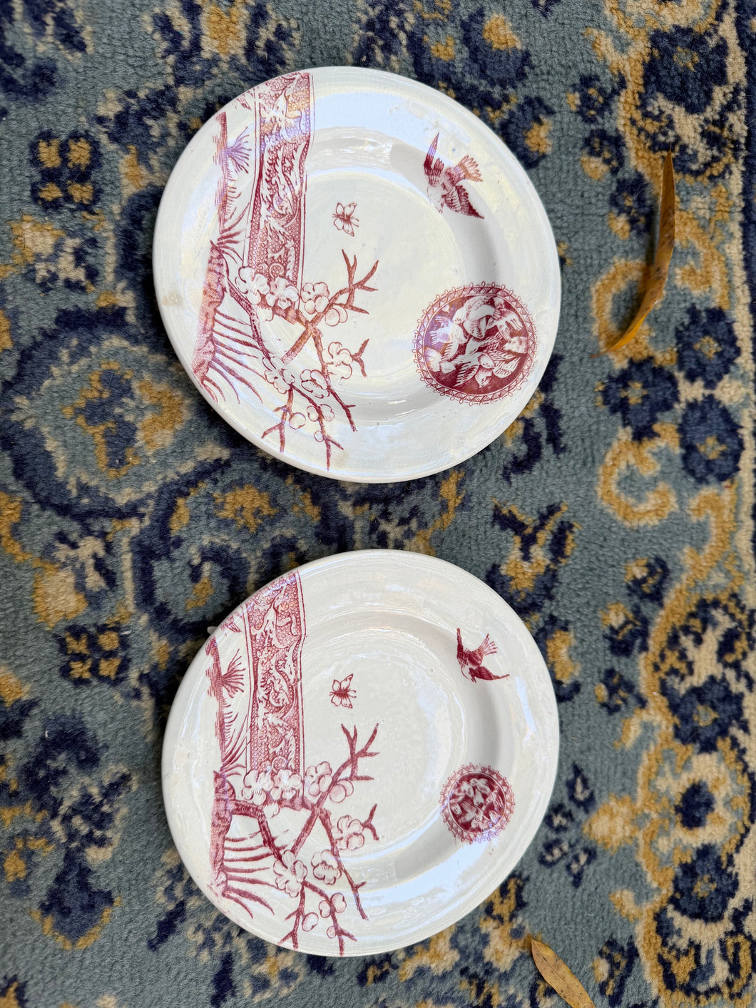 Pair of Antique Red Transferware Saucers – Birds & Blossoms Pattern, Victorian Aesthetic Movement