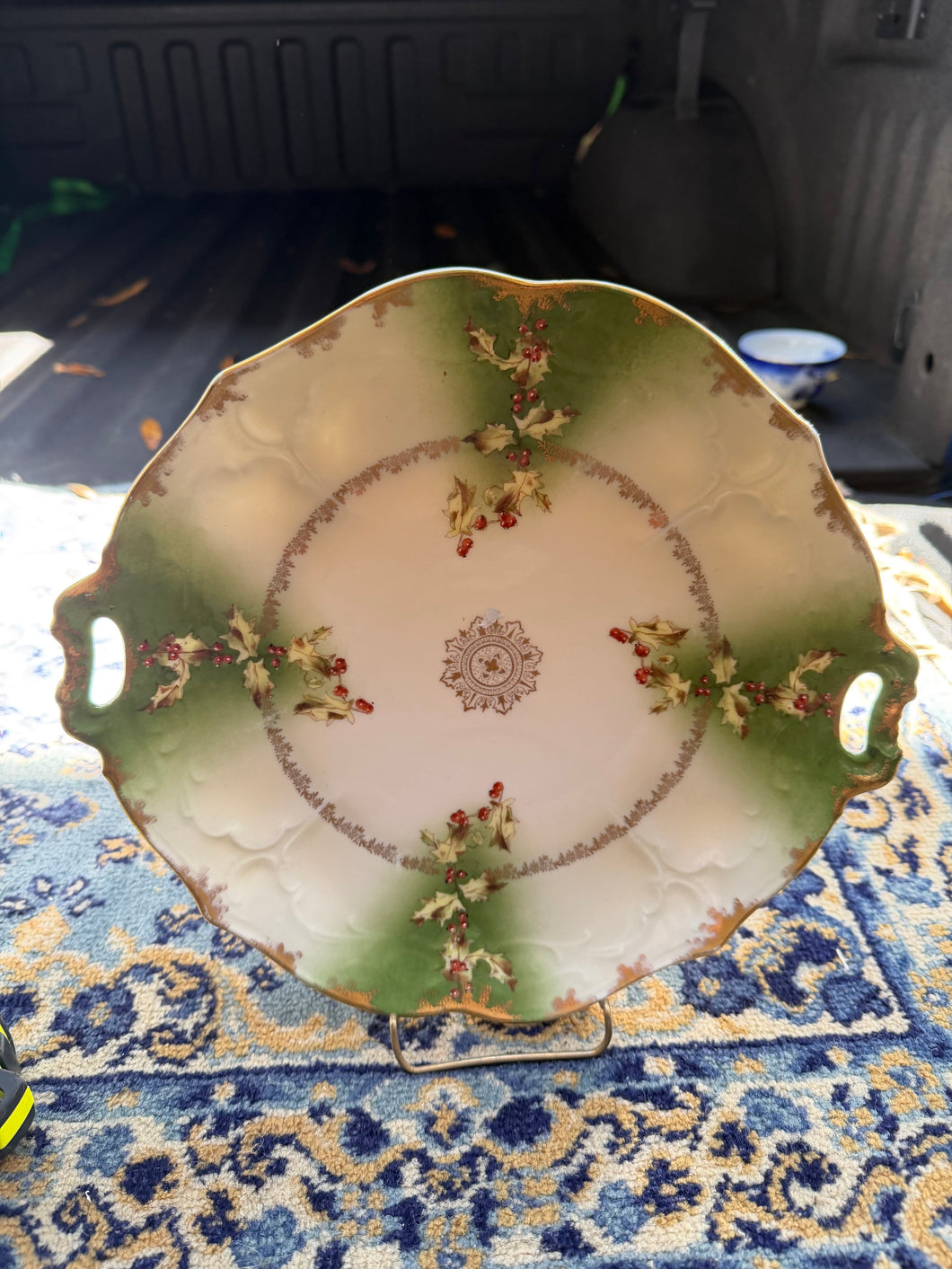 Antique Carl Tielsch & Co. (C.T. Altwasser) Handled Serving Plate – Holly & Berries Christmas Motif – Green Ombre with Gold Trim – Germany, c. 1900