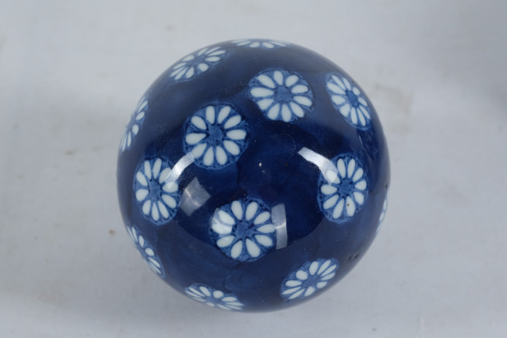 Blue Porcelain Decorative Ball – White Floral Motif, 3