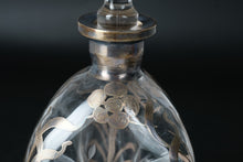 Load image into Gallery viewer, Silver Overlay Glass Decanter Floral Etched Art Nouveau Style Stopper 9 5 Inch
