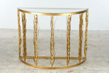 Load image into Gallery viewer, Laurel Demi-Lune Gilt Metal Wheat Sheaf Console Table with Glass Top
