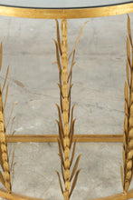 Load image into Gallery viewer, Laurel Demi-Lune Gilt Metal Wheat Sheaf Console Table with Glass Top
