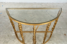 Load image into Gallery viewer, Laurel Demi-Lune Gilt Metal Wheat Sheaf Console Table with Glass Top
