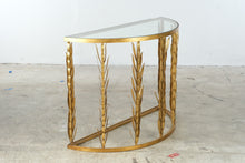 Load image into Gallery viewer, Laurel Demi-Lune Gilt Metal Wheat Sheaf Console Table with Glass Top
