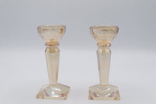 Load image into Gallery viewer, Vintage Amber Crystal Faceted Candlestick Holders Pair Square Base
