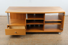 Load image into Gallery viewer, Teak Media Console Cabinet with Frosted Glass Doors and Metal Legs
