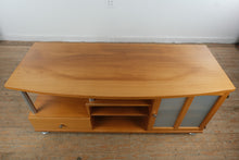 Load image into Gallery viewer, Teak Media Console Cabinet with Frosted Glass Doors and Metal Legs

