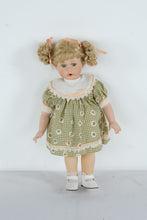 Load image into Gallery viewer, Vintage Porcelain Girl Doll – Blonde Curls, Green Gingham Dress with Peach Ribbon &amp; Lace Trim
