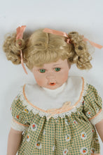Load image into Gallery viewer, Vintage Porcelain Girl Doll – Blonde Curls, Green Gingham Dress with Peach Ribbon &amp; Lace Trim
