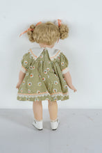 Load image into Gallery viewer, Vintage Porcelain Girl Doll – Blonde Curls, Green Gingham Dress with Peach Ribbon &amp; Lace Trim
