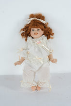 Load image into Gallery viewer, Duck House Heirloom Porcelain Doll “Vanessa” – Red Curly Hair, Lace Romper, 1980s–1990s Vintage

