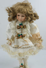 Load image into Gallery viewer, Vintage Porcelain Christmas Doll 18 Inch Blonde Curls Victorian Dress With Box
