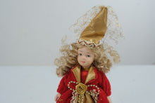 Load image into Gallery viewer, Vintage Porcelain Doll Red Velvet Gold Dress Renaissance Princess 8 Inch
