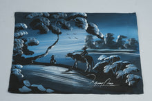 Load image into Gallery viewer, Signed Vietnamese River Landscape Painting Water Buffalo Blue Black Fabric Art 15 x 10
