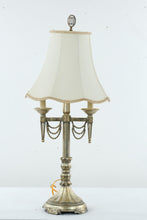 Load image into Gallery viewer, Vintage French-Style Candelabra Table Lamp with Cream Bell Shade – Gold Patina
