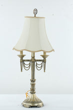 Load image into Gallery viewer, Vintage French-Style Candelabra Table Lamp with Cream Bell Shade – Gold Patina
