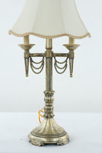 Load image into Gallery viewer, Vintage French-Style Candelabra Table Lamp with Cream Bell Shade – Gold Patina
