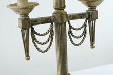 Load image into Gallery viewer, Vintage French-Style Candelabra Table Lamp with Cream Bell Shade – Gold Patina
