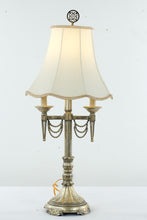 Load image into Gallery viewer, Vintage French-Style Candelabra Table Lamp with Cream Bell Shade – Gold Patina
