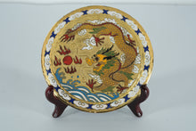 Load image into Gallery viewer, Chinese Cloisonné Dragon Decorative Plate – 5" Gold-Ground Enamel Plate with Clouds &amp; Waves – Display Stand Included
