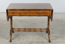 Load image into Gallery viewer, Vintage Drop Leaf Writing Desk with Two Drawers and Turned Stretcher Base

