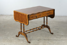 Load image into Gallery viewer, Vintage Drop Leaf Writing Desk with Two Drawers and Turned Stretcher Base
