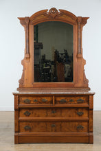 Load image into Gallery viewer, Cobble Heart Eastlake 4-Drawer Marble Top Dresser with Burled Fronts &amp; Mirror
