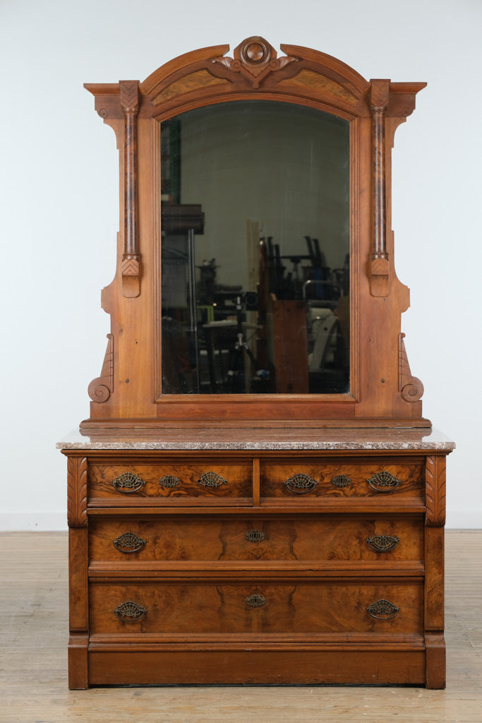 Cobble Heart Eastlake 4-Drawer Marble Top Dresser with Burled Fronts & Mirror