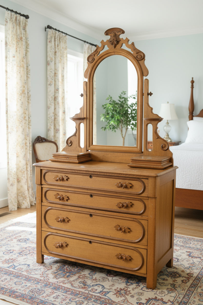 Antique Eastlake Victorian Dresser with Mirror and Glove Boxes