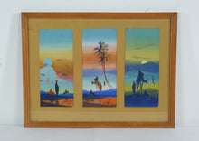 Load image into Gallery viewer, Mid Century Desert Scene Triptych Wall Art Framed Camel Oasis Print 20x16
