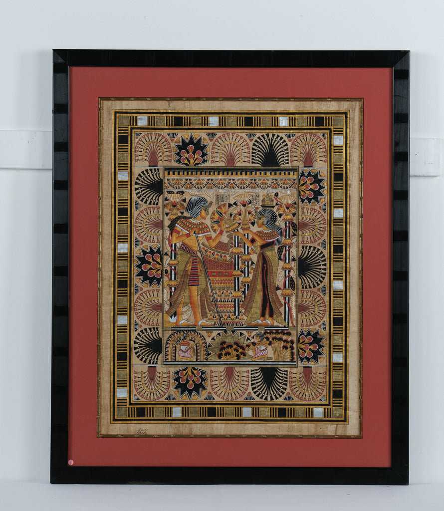Egyptian Papyrus Artwork – Hand-Painted Scene of Royal Offering – 32.5” x 39.5” Framed