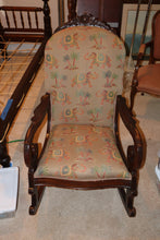 Load image into Gallery viewer, Vintage Upholstered Rocking Chair with Elephant &amp; Palm Tree Motif
