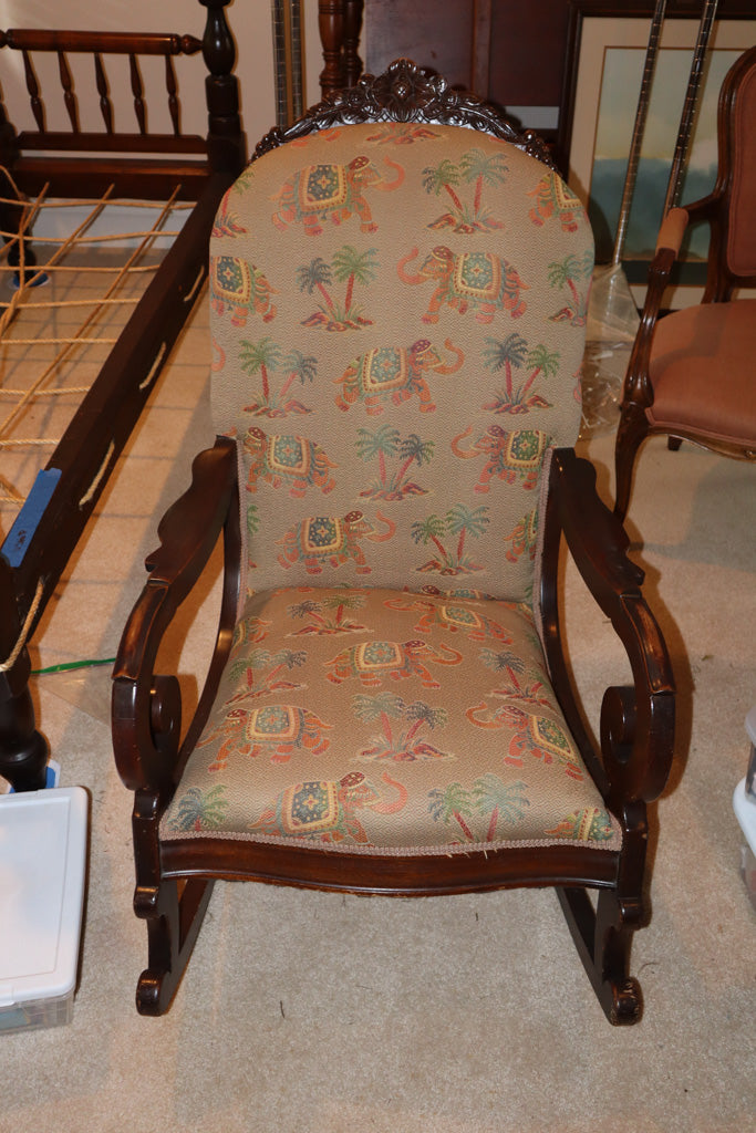 Vintage Upholstered Rocking Chair with Elephant & Palm Tree Motif