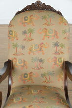 Load image into Gallery viewer, Vintage Upholstered Rocking Chair with Elephant &amp; Palm Tree Motif
