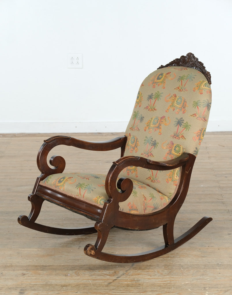 Vintage Upholstered Rocking Chair with Elephant & Palm Tree Motif