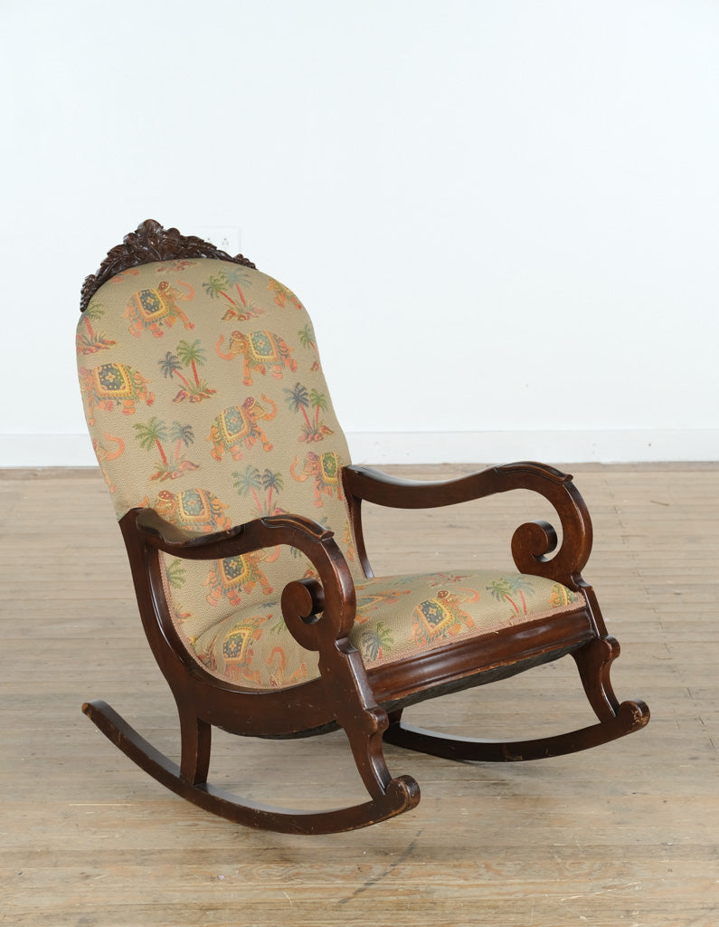 Vintage Upholstered Rocking Chair with Elephant & Palm Tree Motif ...