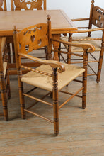 Load image into Gallery viewer, Vintage Maple Farmhouse Dining Table with 6 Rush Seat Chairs and Two Leaves
