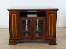 Load image into Gallery viewer, Traditional Mahogany Inlaid Entertainment Cabinet with Rope Carved Edge &amp; Glass Doors
