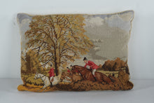 Load image into Gallery viewer, Vintage Needlepoint Fox Hunting Scene Lumbar Pillow Horse Riders 15 x 11
