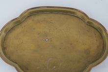 Load image into Gallery viewer, Vintage Indian Brass Tray Etched Peacock Taj Mahal Scalloped 13 Inch
