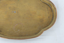 Load image into Gallery viewer, Vintage Indian Brass Tray Etched Peacock Taj Mahal Scalloped 13 Inch
