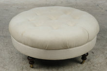 Load image into Gallery viewer, Ethan Allen Round Tufted Ottoman – Cream Upholstery &amp; Brass Casters
