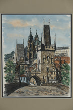 Load image into Gallery viewer, Original Signed Charles Bridge Prague Ink and Watercolor Drawing Old Town Bridge Tower Framed
