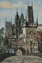 Load image into Gallery viewer, Original Signed Charles Bridge Prague Ink and Watercolor Drawing Old Town Bridge Tower Framed
