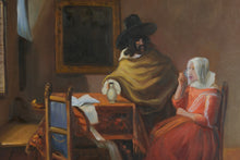 Load image into Gallery viewer, Signed Interior Genre Scene After Vermeer The Glass of Wine Oil Painting 28x24 Framed
