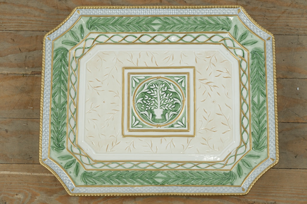 Fitz & Floyd Classics Gregorian Collection 16” Handcrafted Ceramic Serving Platter – Embossed Tree & Leaf Motif, Gold & Green Trim