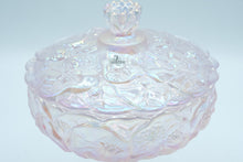 Load image into Gallery viewer, Champagne Satin Pedestal Candy Dish with Floral Relief – Fenton Art Glass
