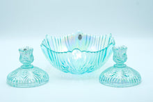 Load image into Gallery viewer, Art Glass Bowl with Matching Candlesticks – Iridescent Aqua Ribbed Glass, Fenton Handmade USA
