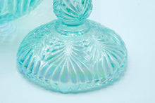 Load image into Gallery viewer, Art Glass Bowl with Matching Candlesticks – Iridescent Aqua Ribbed Glass, Fenton Handmade USA
