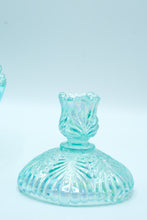 Load image into Gallery viewer, Art Glass Bowl with Matching Candlesticks – Iridescent Aqua Ribbed Glass, Fenton Handmade USA

